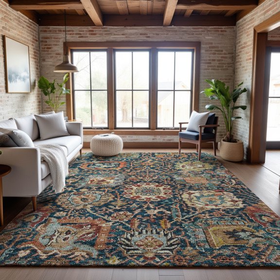 Addison Rugs Mayfield Premium Machine Washable Traditional Damask Navy Rectangle Rug, 9' x 12'