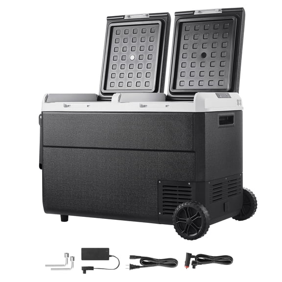 KFFKFF 12 Volt Portable Car Refrigerator, 100.4QT/95L Dual Zone Electric Cooler with Wheels and Handle, -4℉~68℉, 12/24V DC and 100-240V AC Compressor Freezer for Camping, Travel, RV, and Outdoor Use
