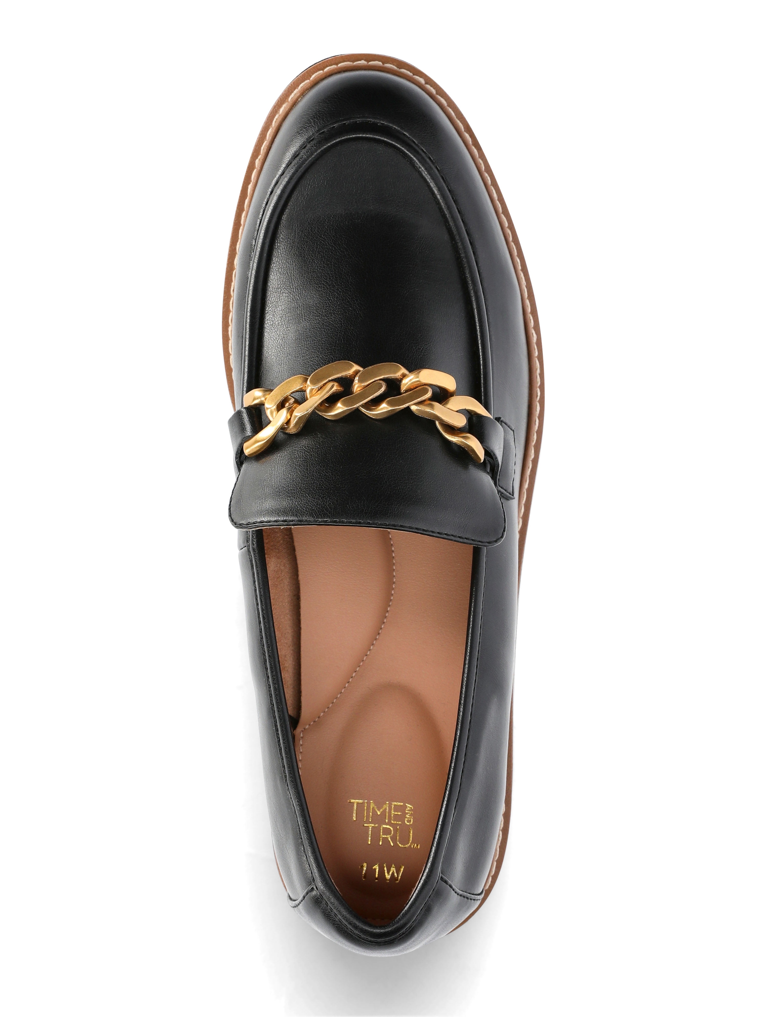 Time and Tru Women's Faux Leather Comfort Loafers with Chain Accent, Wide Width Available