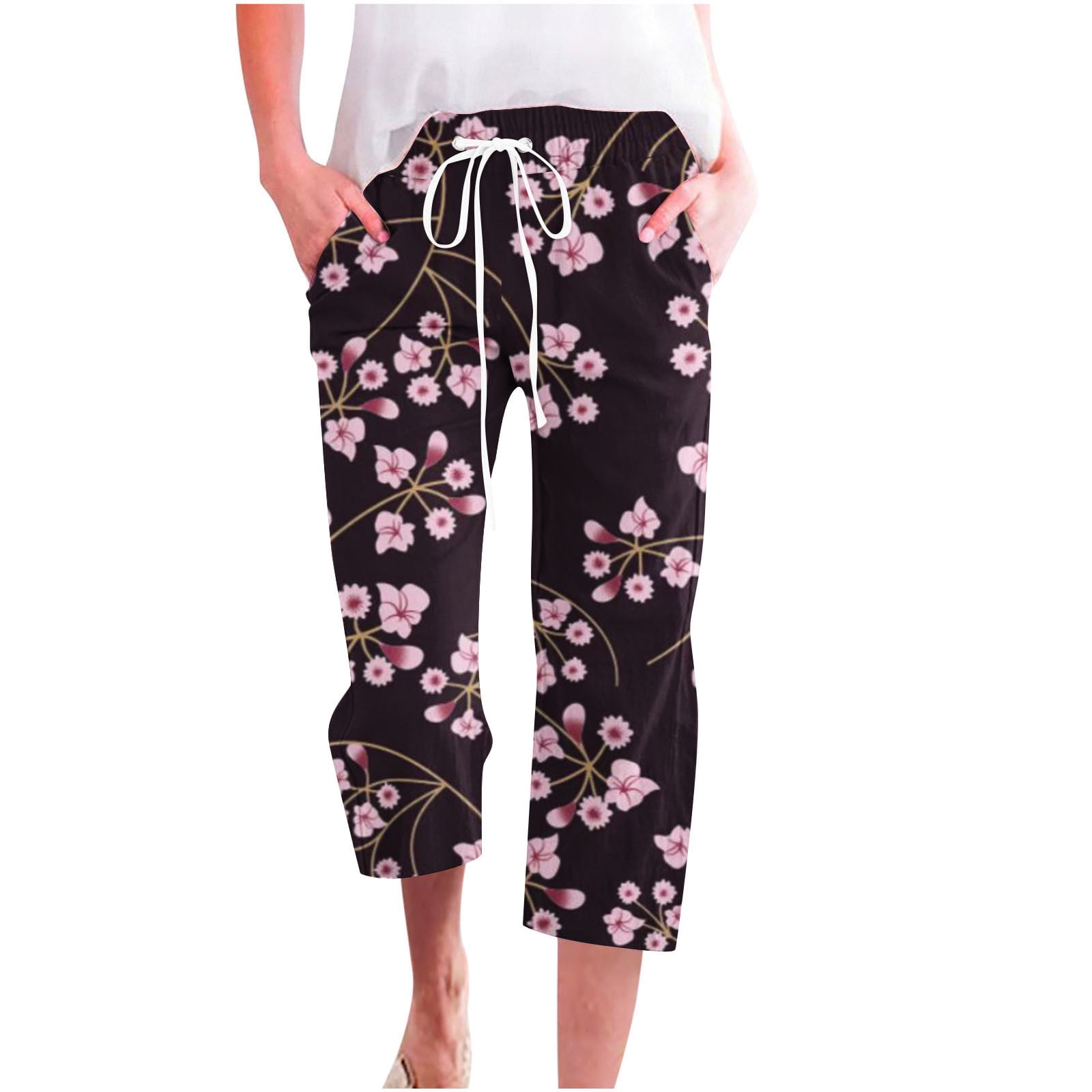 Mrat Ladies Capris Pants Elastic Waist Capris for Women Wide Leg