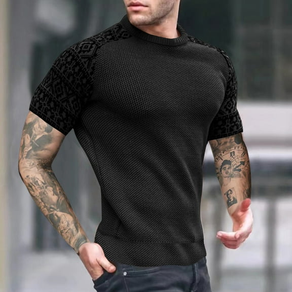 Early Access Deals Men's Fitness Suit Round Neck Pullover Color Blocked Top Short Sleeved Top Round Neck Top/shirt Set Black, M