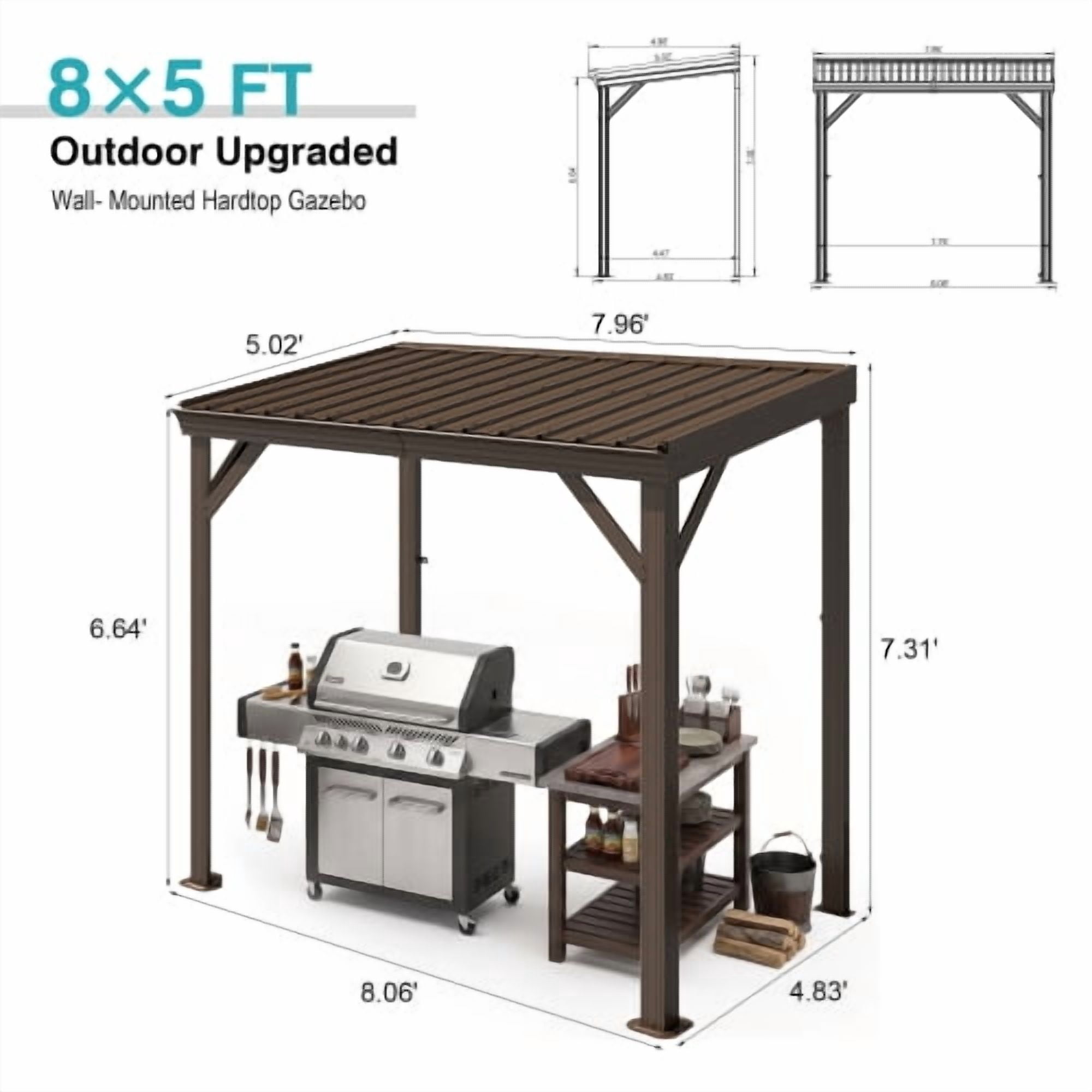 8x5 FT Brown Hardtop Lean-to Wall Mounted Gazebo with Galvanized Steel Roof & Drainage System, Heavy Duty Outdoor Shelter for Deck, Porch, Backyard