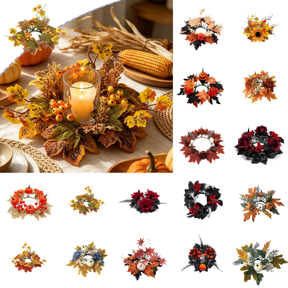 CuiLiyq Thanksgiving Candle Ring Wreath, Artificial Sunflower Pumpkin Maple Leaf Centerpiece for Dinner Table, Fireplace Mantel, Seasonal Home Decor