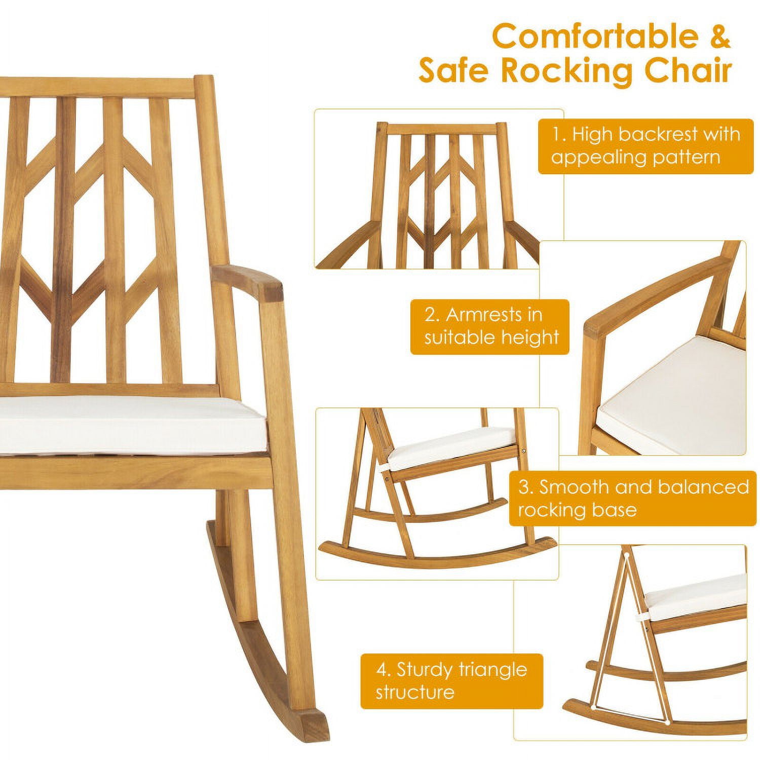 Aimee Lii Outdoor Rocking Chair with Cushion, Wooden Patio Rocker Chair for Lawn, Porch, Backyard, Indoor and Garden, White
