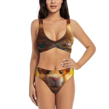 Zeuib Hawaiian Style Guinea Pig High Waisted Tummy Control Bikini Set - Knot Front Push Up Top & Cheeky Thong Bottom  Two-Piece Swimsuit for Women-Medium