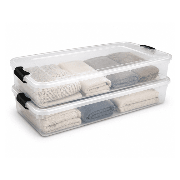 Open Box Latching Easy Grip Underbed Storage Container, Clear (2 Pack)
