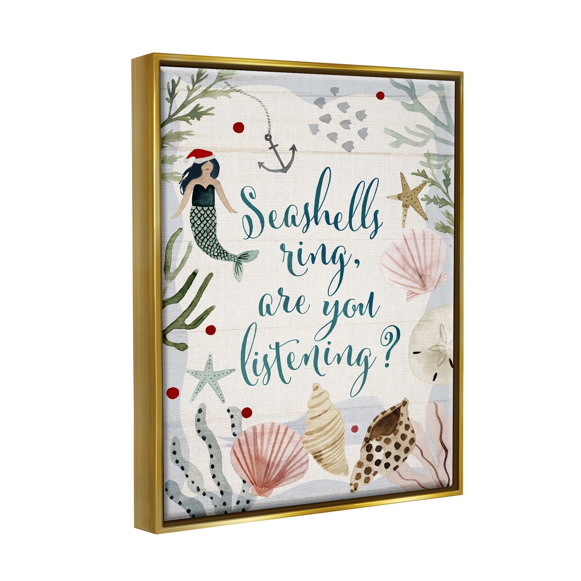 Stupell Industries Seashells Ring, You Listening Phrase Nautical Beach Christmas Metallic Gold Framed Floating Canvas Wall Art, 24x30, by Victoria Barnes