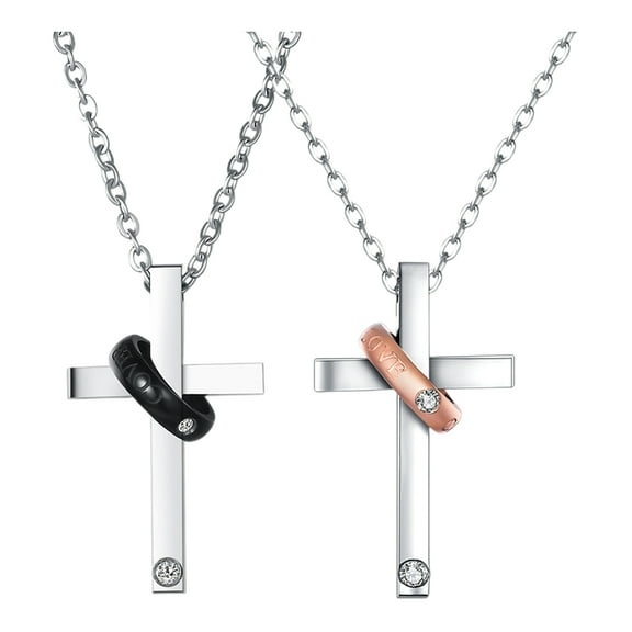 Jiyike 2pcs Cross Necklace Couples Cross Pendant Jesus Necklace Chain Necklace Rhinestone Prayer Pendant for Men