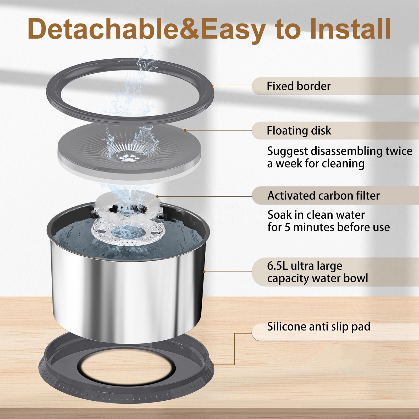 No Spill Dog Water Bowl,Large 1.6 Gallon Stainless Steel Floating Bowl for Large Dogs,Slow Water Flow Prevents Splashing,Non Slip Base for Indoor/Outdoor，Gray