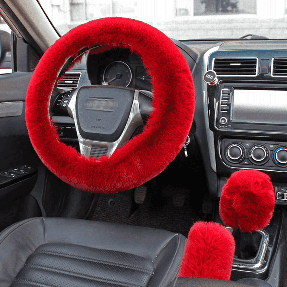 Faux Rabbit Fur Steering Wheel Cover - Wine-Red , 3Pcs/Set Include Gear Shift & Handbrake Cover - Winter Soft Warm Fuzzy Car Accessory
