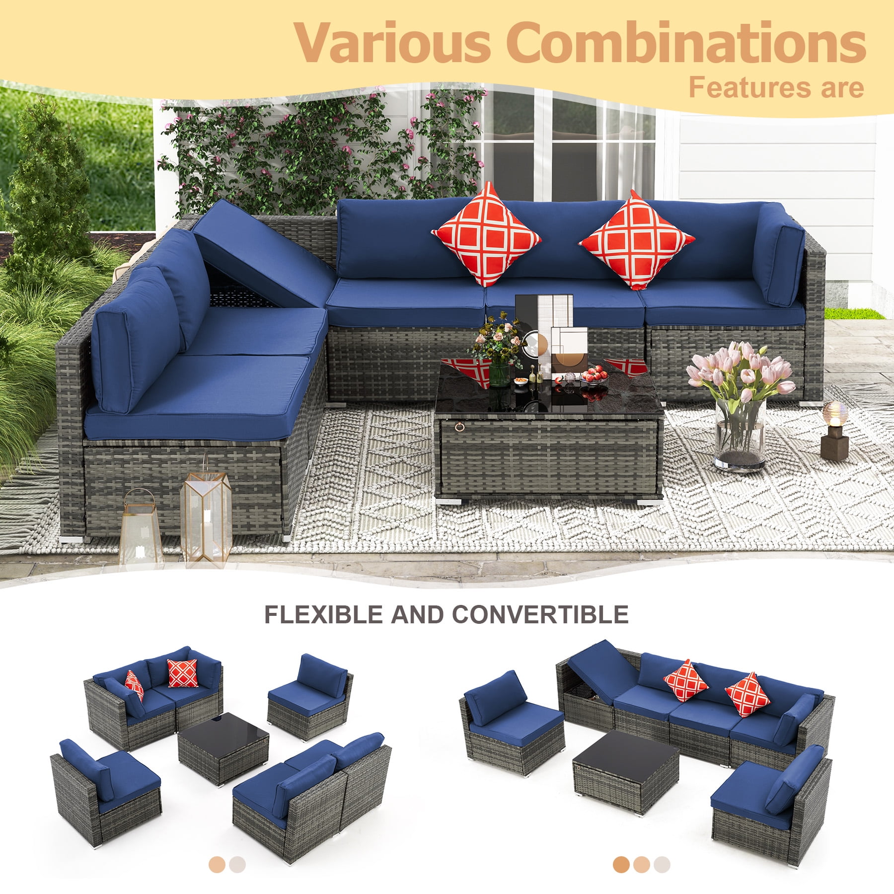 Homrest 7 Piece Patio Furniture Set with Adjustable Bracket All-Weather Wicker Conversation Set with Coffee Table for Porch Garden Backyard (Blue)