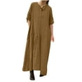 thumbnail image 2 of Itsame Women Summer Dress Solid Color Loose V-neck Button Cotton Thin Dress Khaki Size XL, 2 of 7