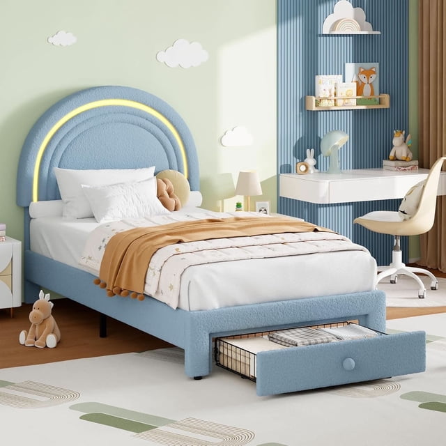 Ourlova Twin LED Upholstered Bed for Bedroom- Princess Platform Bed with Rainbow Headboard- Storage Drawer- No Box Spring- Easy Assembly- Blue - Colorful Bedroom