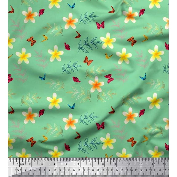 Soimoi Cotton Duck Fabric Leaves,Butterfly & Plumeria Floral Printed Craft Fabric by The Yard 42 Inch Wide