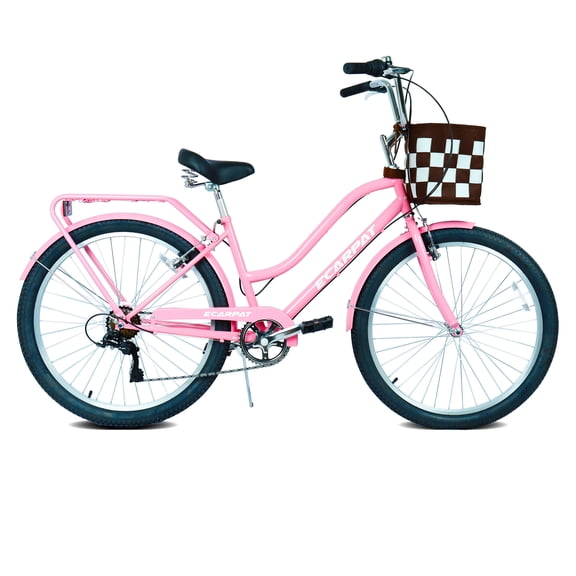 26 Inch Cruiser Bike for Women Adults, 7-Speed Comfort Commuter Bikes with Dual Spring Padded Saddle, Removable Rattan Basket, Rear Cargo Rack & Dual V-Brakes, Step-Through City Beach Cruiser Bicycle