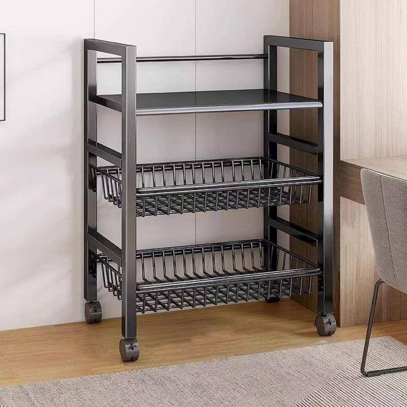 3-Tier Kichen Storage Shelf with Wire Baskets, Multifunctional Utility Serving Cart Kitchen Organizer Rack with Pulley for Vegetable Fruit Storage