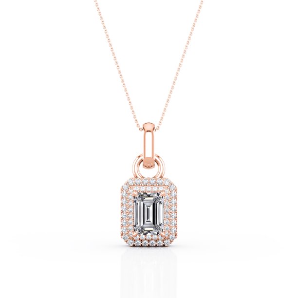 JeenMata Collar con Colgante de Moissanita de Corte Esmeralda de 1,75 Quilates con Doble Halo y Engaste en Garras, Certificado Chapado en Oro Rosa de 18 K sobre Plata