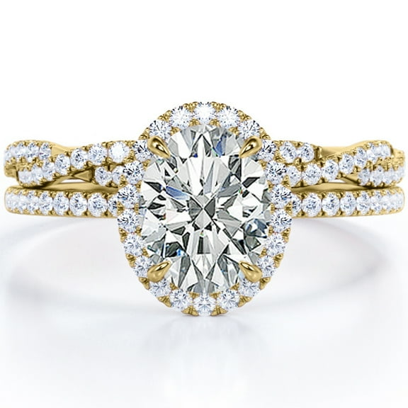 JeenMata Pave Halo Setting 1.75 Carat Oval Cut Moissanite Infinity Twisted Shank Bridal Set in 18K Yellow Gold Plating over Silver