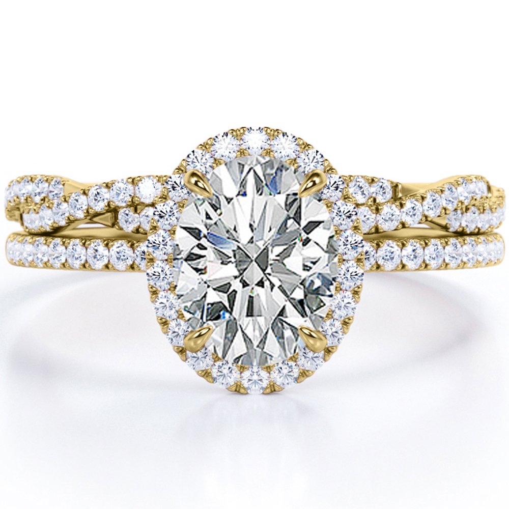 JeenMata Pave Halo Setting 1.75 Carat Oval Cut Moissanite Infinity Twisted Shank Bridal Set in 18K Yellow Gold Plating over Silver