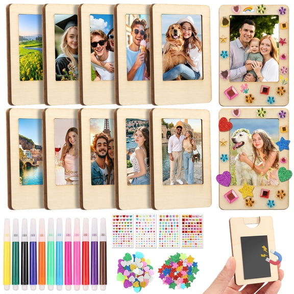 12 Pack DIY Wooden Picture Frames with Magnet, Wooden Picture Frames for Crafts Unfinished Solid Wood Photo Picture Frame for Crafts, Valentine's Day Gift New Year Decorate, FatherDay Gift