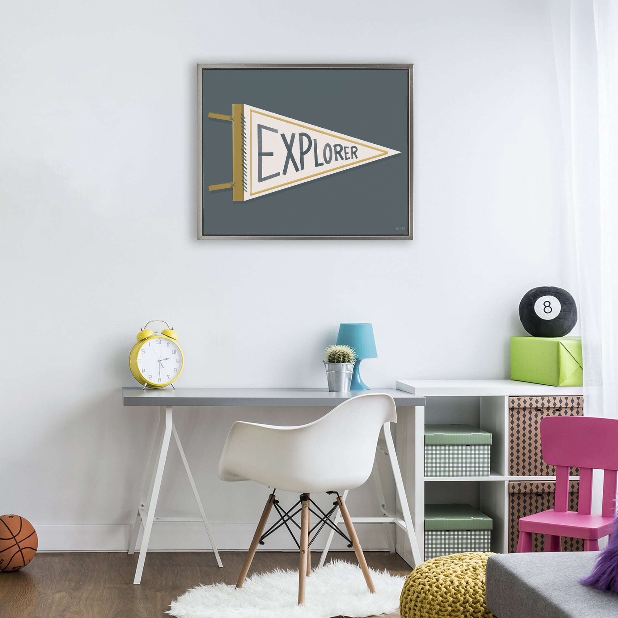 Stupell Industries Explorer Retro Pennant Gray Framed Floater Canvas Wall Art, design by House Fenway