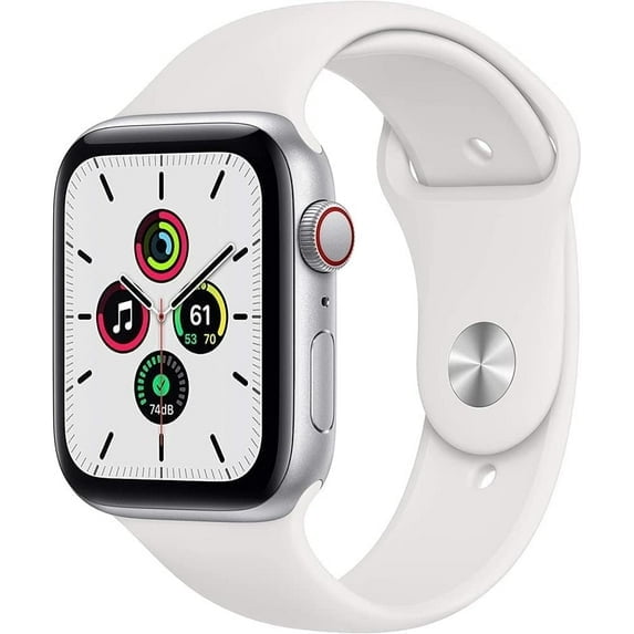 Pre-Owned Apple Watch SE 44mm GPS + Cellular Silver Aluminum Case - White Sport Band