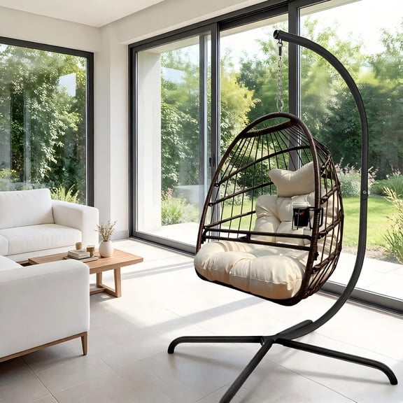 Fehomix Egg Chair with Stand, Hanging Wicker Swing Chair with Safety Rail & Cup Holder, 350lbs Foldable Patio Chair Set for Indoor Outdoor, Backyard, Balcony (Beige)