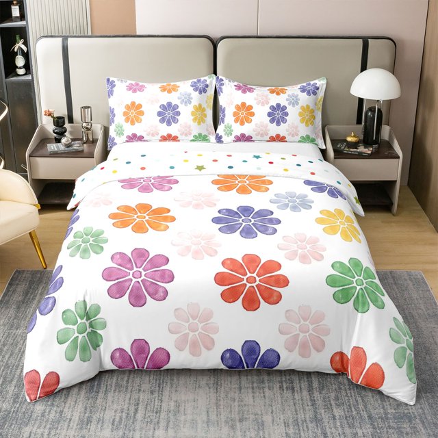 Erosebridal Colorful Daisy Comforter Cover King, Two Groovy Party Flower Bed Cover, Reversible 3 Pieces (No Comforter)