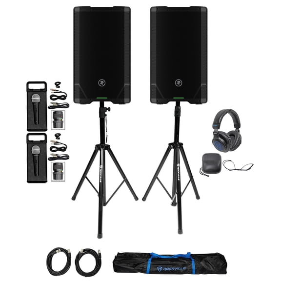 (2) Mackie SRT212 12” Powered DJ PA Speakers w/Bluetooth Stands Headphones Mics