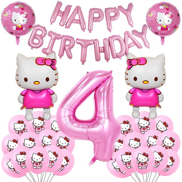 Bolsas de regalo de Hello Kitty para 20 personas, embalaje de papel de dibujos animados de gato, globos de cumpleaños, decoración de fiesta de cumpleaños para niñas