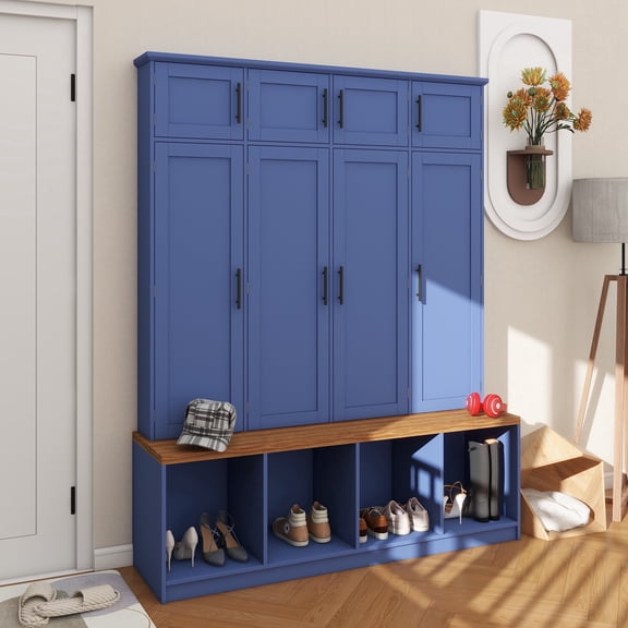 LFSLJJMY Farmhouse Hall Tree with 4 Hidden Hooks, Walnut Seating Bench, Shoe Cabinet, Blue, 75 in H x 59 in W x 15.7 in D
