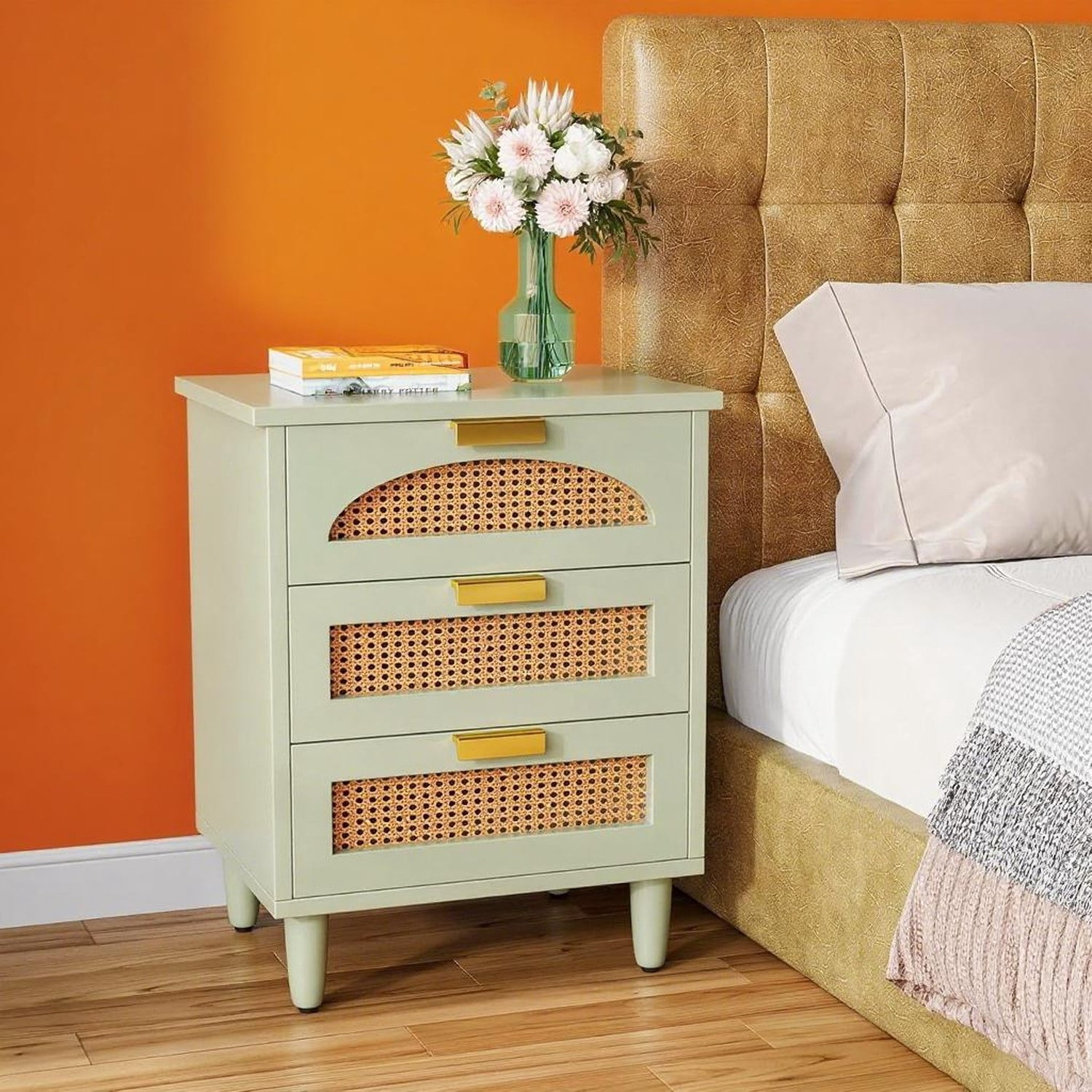 Astoutdoor Bedside Table with 3 Drawers, Engineered Wood, Mint Green, 22.83 in L x 18.90 in W x 7.87 in H