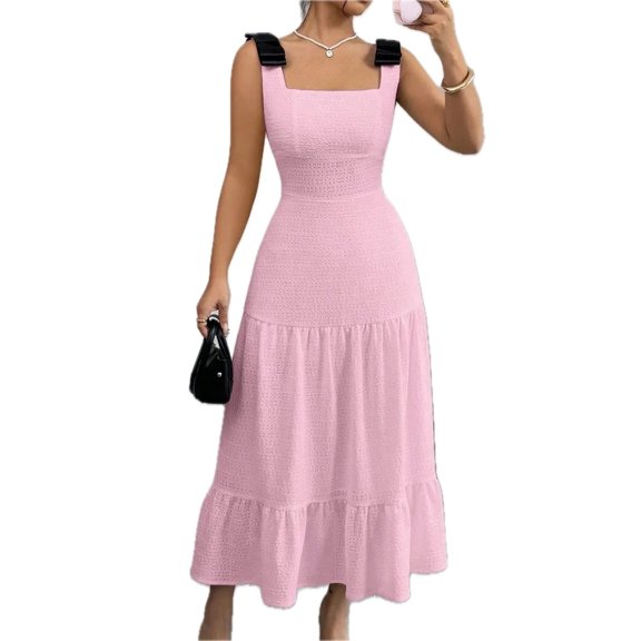 Women's Square Neck Wide Strap Dress with Tiered Bow and Lining 95% Polyester 5% Elastane for Elegant Everyday Wear