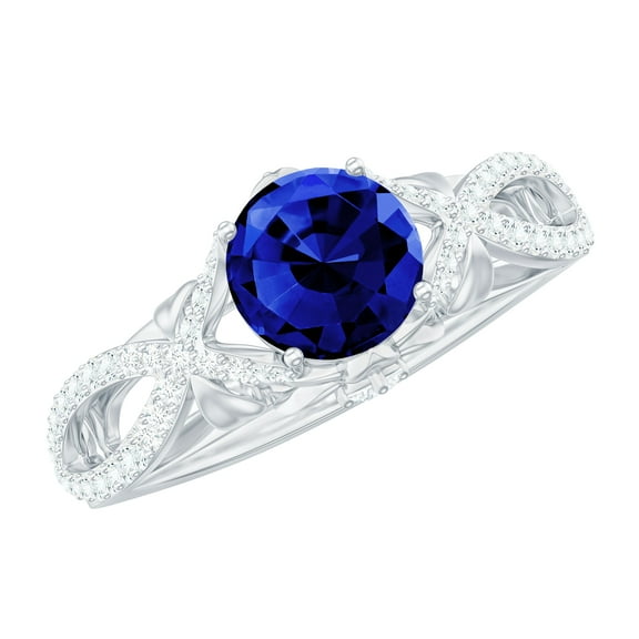 Rosec Jewels Lab Created Blue Sapphire Ring with Diamond for Women, Crossover Ring, 925 Sterling Silver, US 4.00