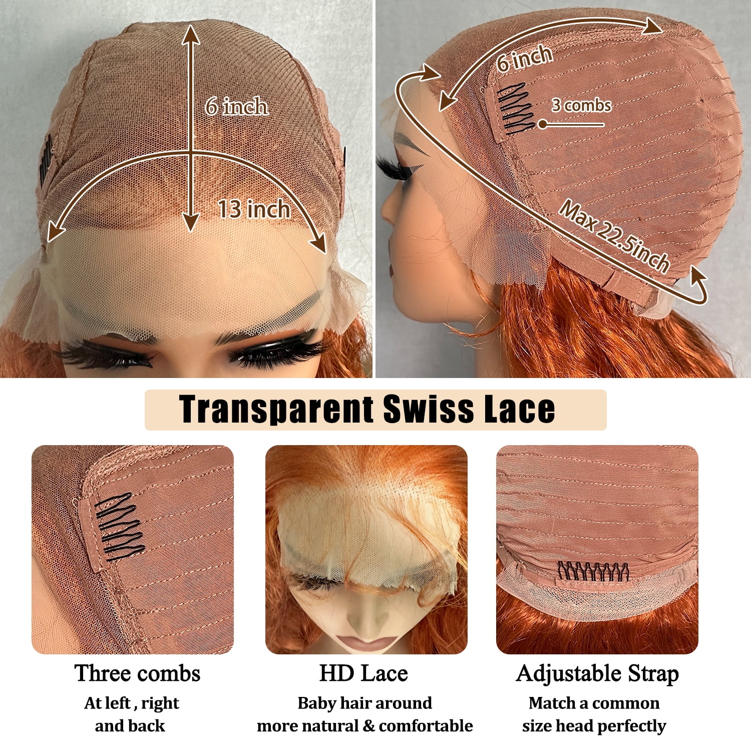 13x6 Lace Frontal Wig 32 Inch Ginger Body Wave Synthetic Pre Plucked with Baby Hair Transparent Swiss Lace Heat Friendly Cooper Lace Front Wigs for Women