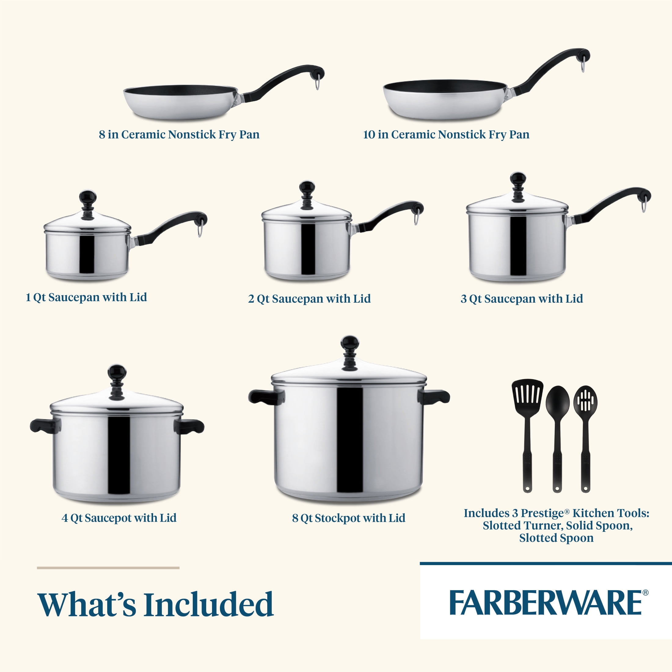  Farberware Classic Stainless Steel Cookware Pots and Pans Set,  15-Piece, Silver & Nonstick Steel Bakeware Set with Cooling Rack, Baking Pan  and Cookie Sheet Set, 10-Piece Set, Gray: Home & Kitchen