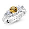 thumbnail image 2 of Gem Stone King 10K White Gold Yellow Citrine and White Lab Grown Diamond 5 Stone Bridal Engagement Wedding Ring Set for Women (1.03 Cttw, Round: 5MM and 3MM, Size 6), 2 of 6