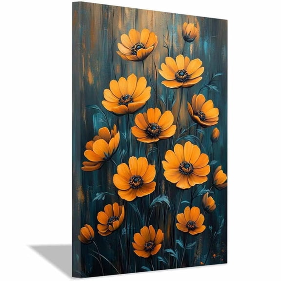 Mudket Orange Yellow Daisy Flower Canvas Wall Art, Abstract Floral Wall Decor, Modern Botanical Pictures for Living Room Bedroom, Framed Ready to Hang - 12"L x 8"W