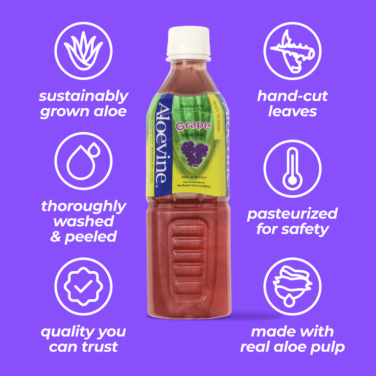 Aloevine Aloe Vera Juice Drink, Grape Flavor, Ready to Drink, 16.9 fl oz,  Pack of 20