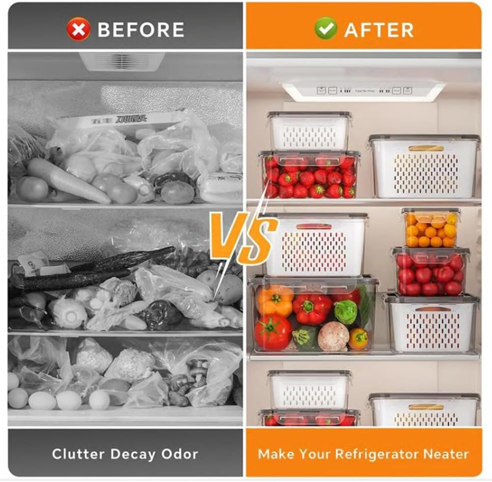 4-in-1 Fruit Storage Containers for Fridge – Food Storage Container Set with Lid, Strainer and Drain Basket, Multipurpose Produce Keeper