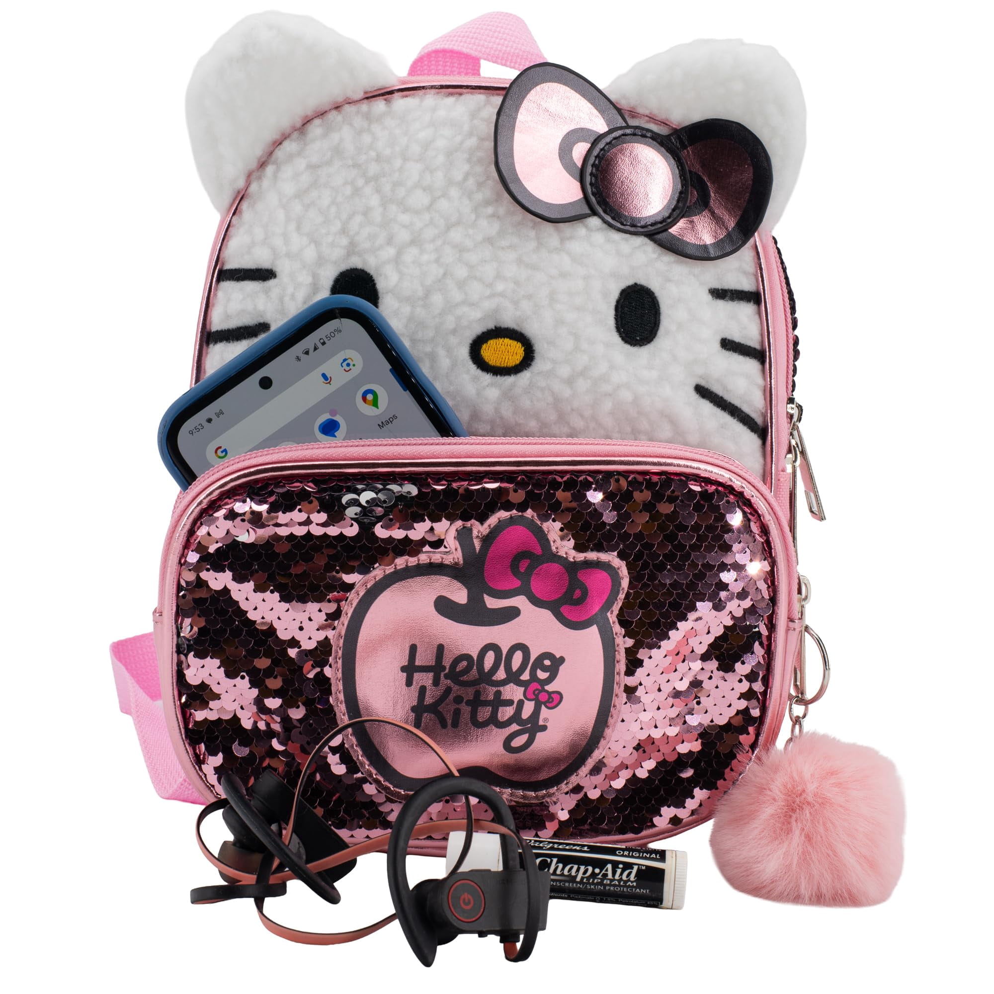 Hello Kitty 9” Micro Mini Backpack Purse Featuring 3D Ears & Bow, Sherpa & Sequin Material, & Pompom Dangle, Pink