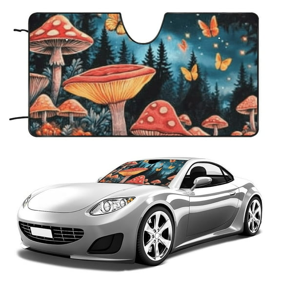 Qinduosi Dreamy Mushroom Butterfly Print Automotive Windshield Sunshades Car Windshield Sun Shade Women Men Car Decor Visor Foldable Portable Sun Cover Universal Fit Most Vehicle 51x28in