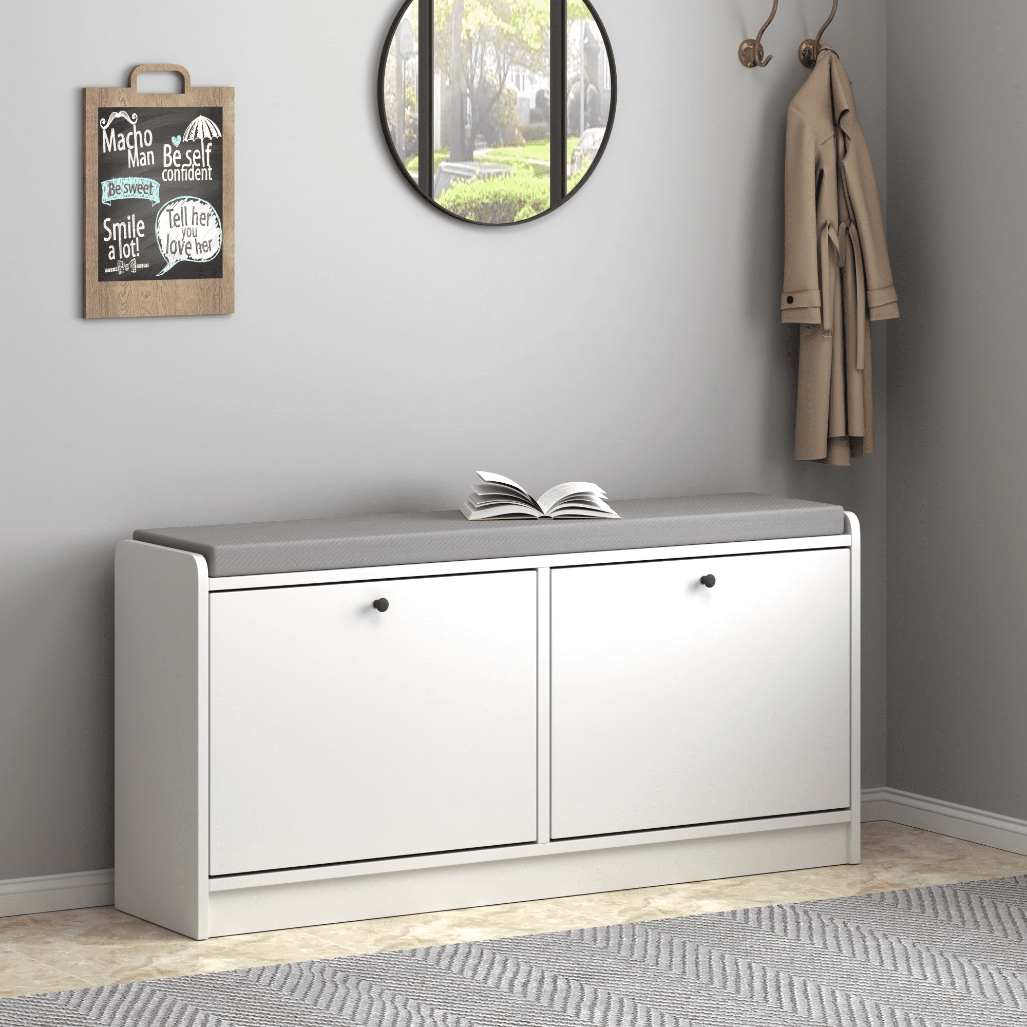Shoe Storage Bench with Cushion, Entryway Bench with Storage, White MDF