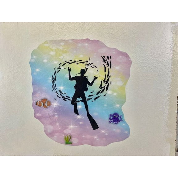 3D Bedroom Wall Decal Sticker For Boys Custom Designs With 3D Fish Cute 3D Clown Fish On Rainbow Watercolor Design - Easily Applied And Removable - Size: 26 In X 26 In