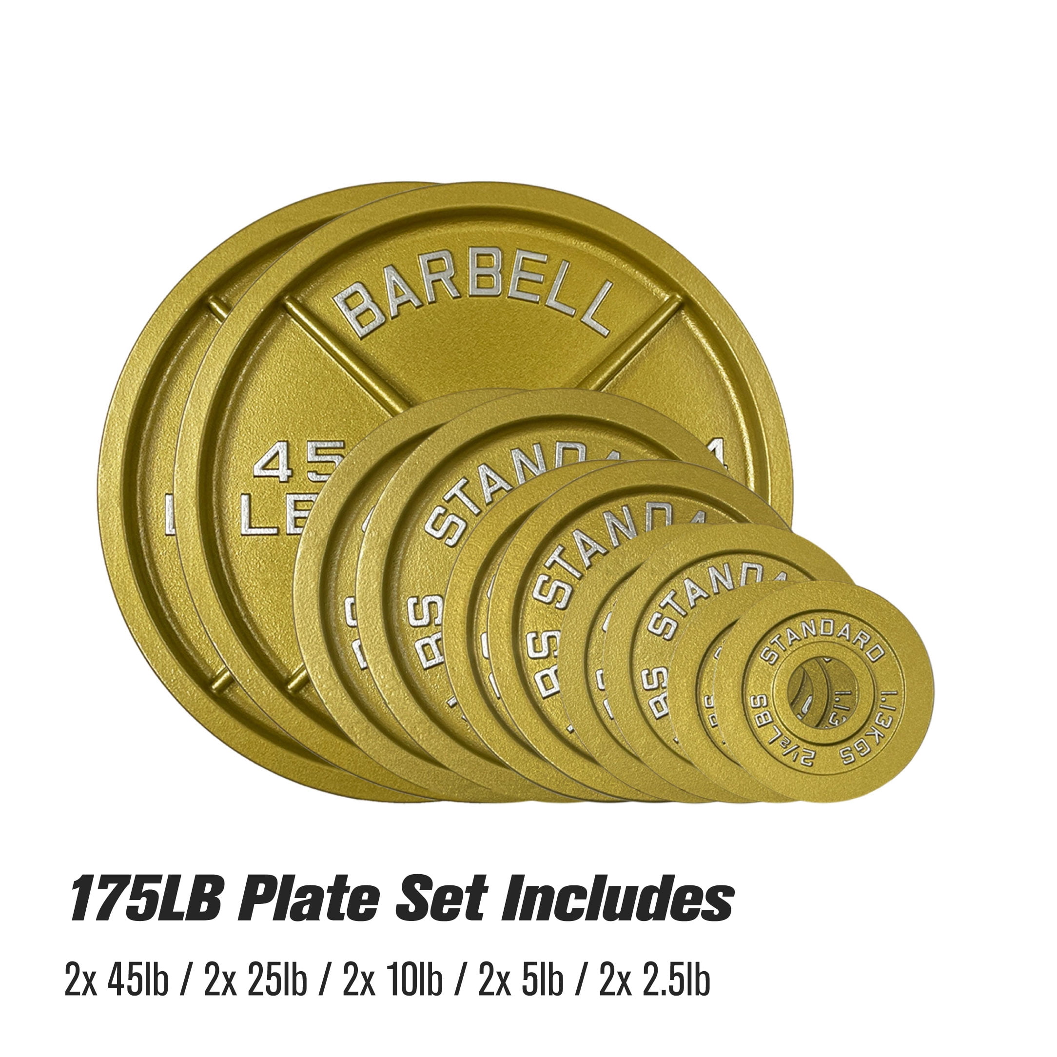 175LB Gold Olympic Steel Plate Set - 2 Inch Barbell Standard Weights in Premium Gold Finish