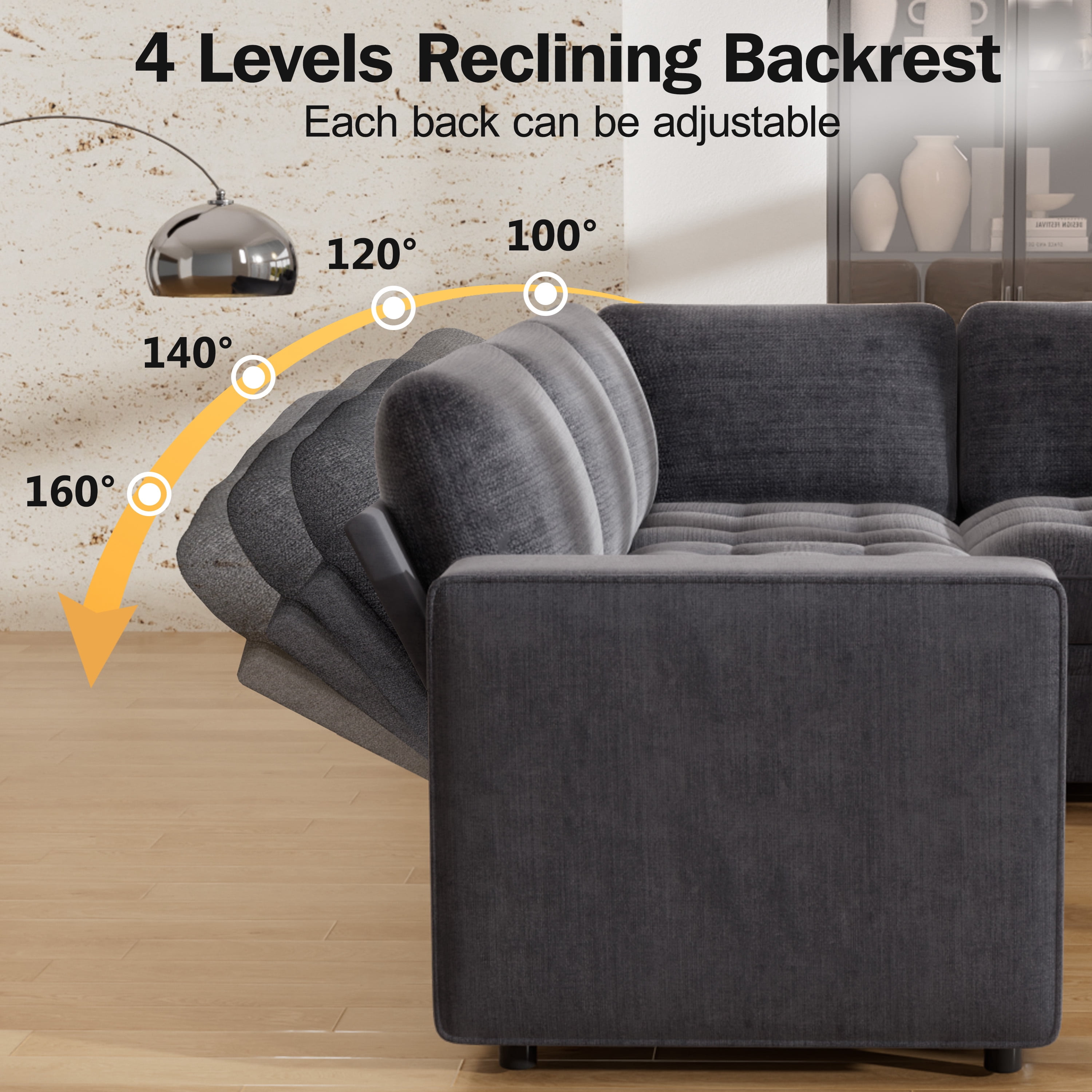 8-Seat Large U Shaped Modular Sectional | Pull Out Bed Sleeper Sofa Dark Grey/ Reclining Backrest, USB Ports, LED Light & Storage Seat - Tool-Free Assembly