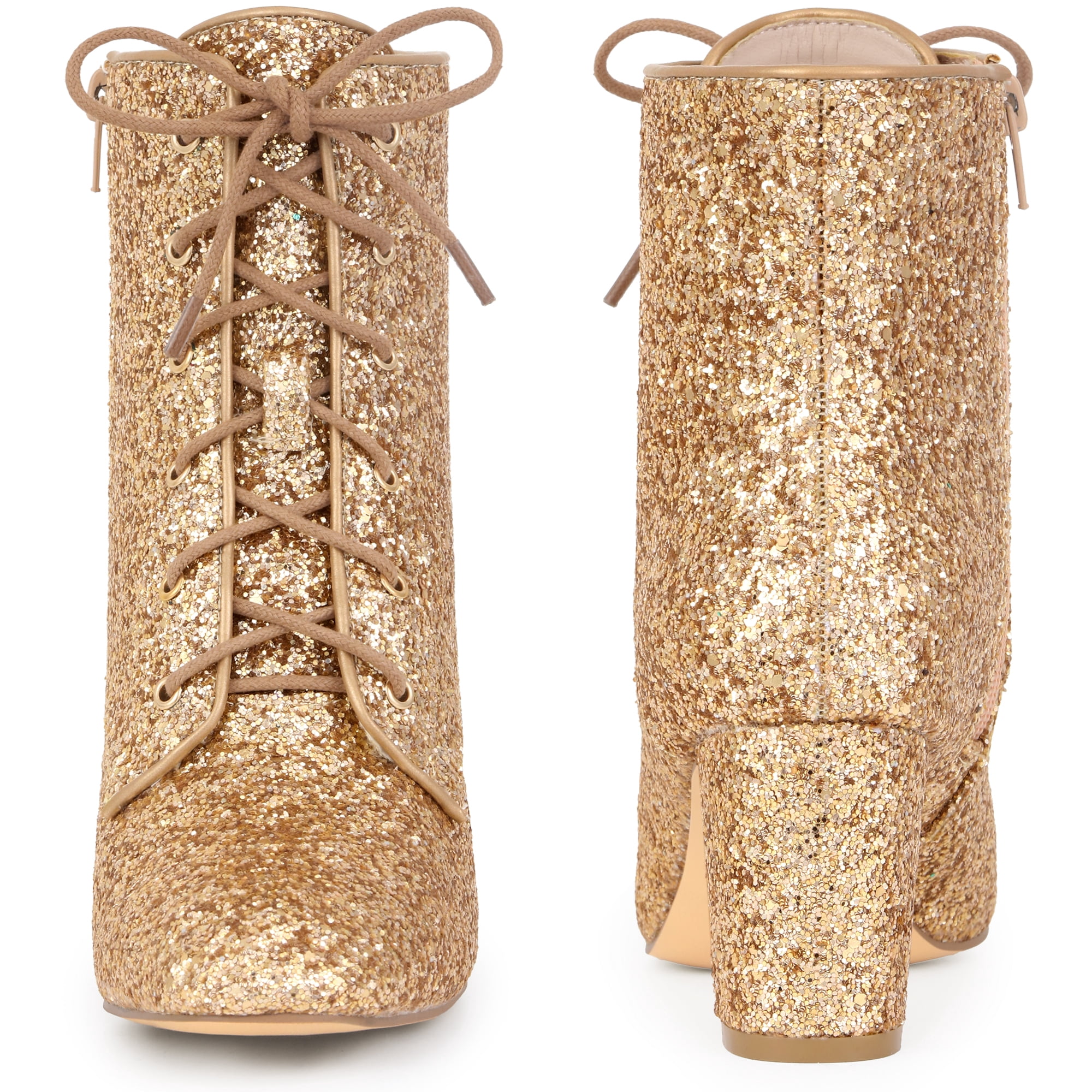 DARING DIVA Women's Square Toe Glitter Block Heels Ankle Boots Rose Gold 8