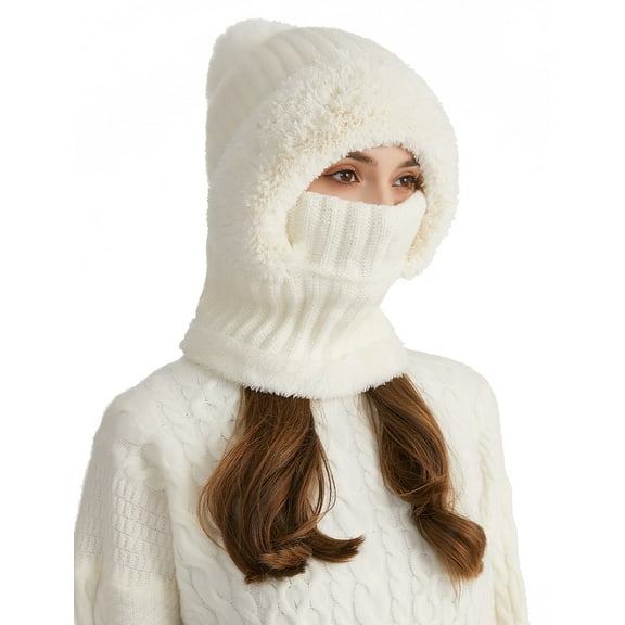 FEOYA Women Fleece Balaclava Ladies Knitted Hat Winter Thermal Beanie Cap 3 in 1 Cold Resistant Hat Neck Warmer Ski Mask for Snowboarding Hiking White