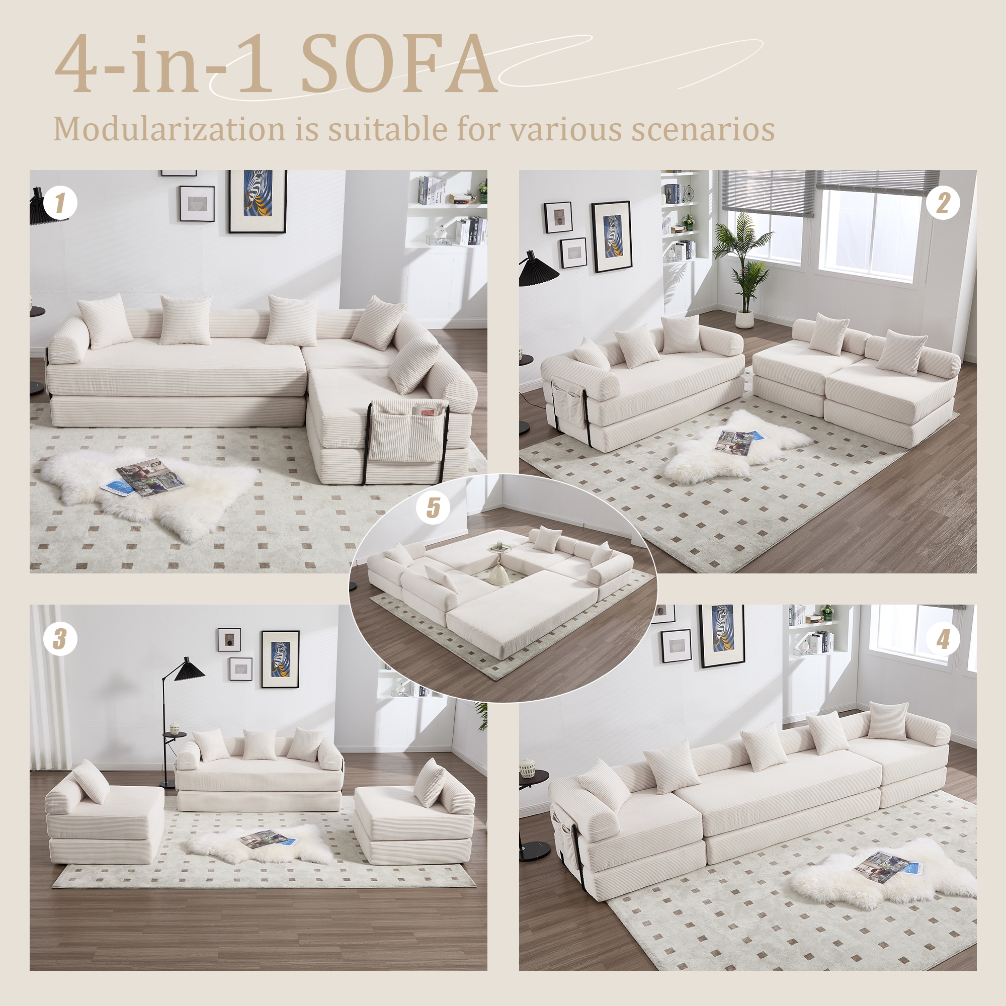 MOONMISS Corduroy Upholstered Convertible Folding Sofa Bed with Fixed Frame and Pillow Back Handrail-Beige
