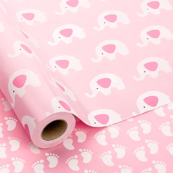 HOMERAL Pink Baby Shower Wrapping Paper Roll - 17Inch x 33Feet - Lovely Girly Baby Pink Elephant & Footprint Newborn Themed Gift Wrap Paper for Baby Shower, 1st Birthday, First Christmas, Party